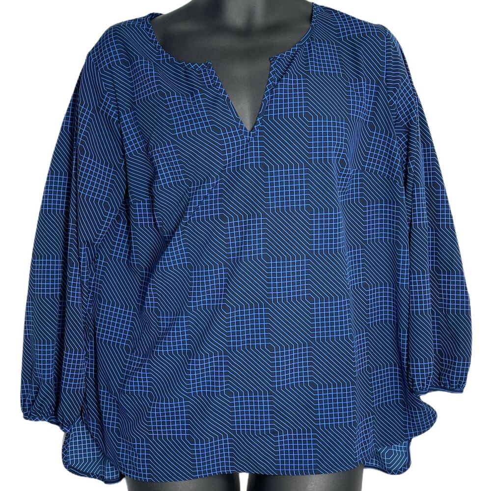 Merona Blouse XL Blue Grid All Over Print Long Sleeve Office Casual Career